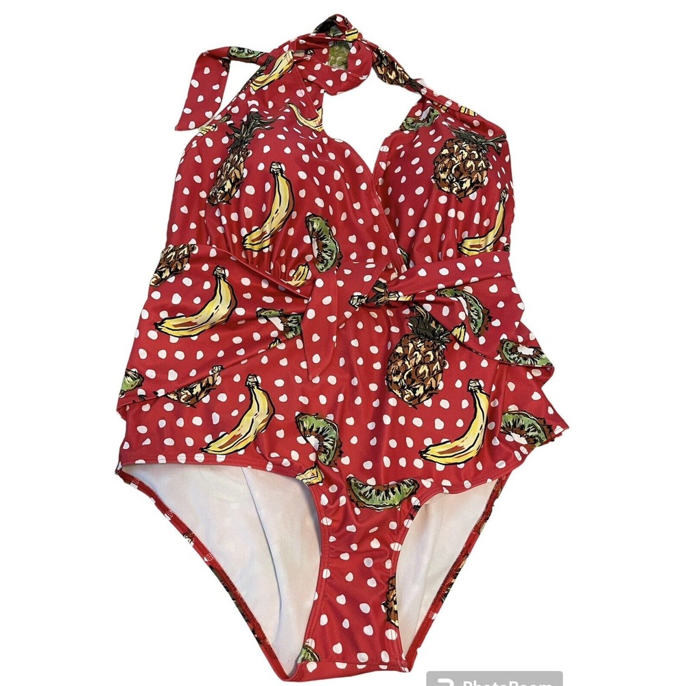 NWT ModCloth RED POLKA DOT FRUIT The Brooke Halter One-Piece Swimsuit 3X Luau
